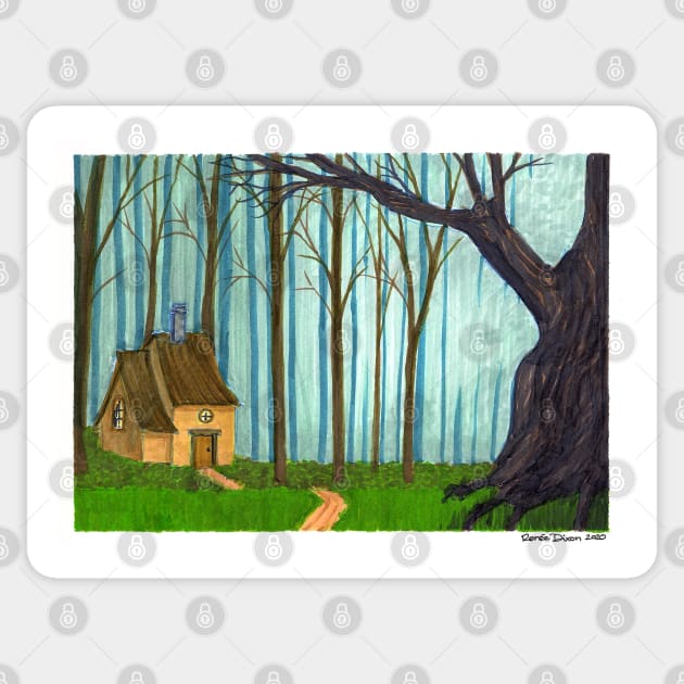 Cottage in the Woods Sticker by ReneeDixonArt